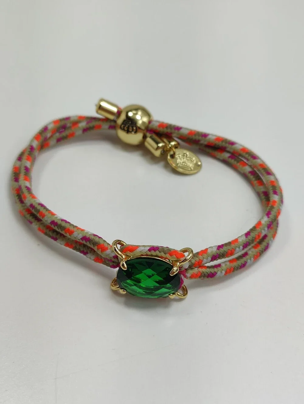 Juicy Couture Retro Adjustable Cord Bracelet Green Faceted Stone Gold Tone Crown